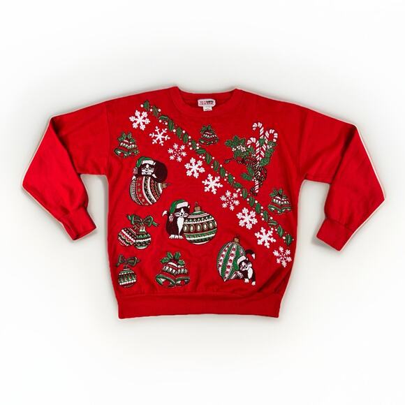 Vintage NutCracker Ugly Christmas Sweater M Red Cats Ornaments Glitter USA Made - Picture 1 of 9